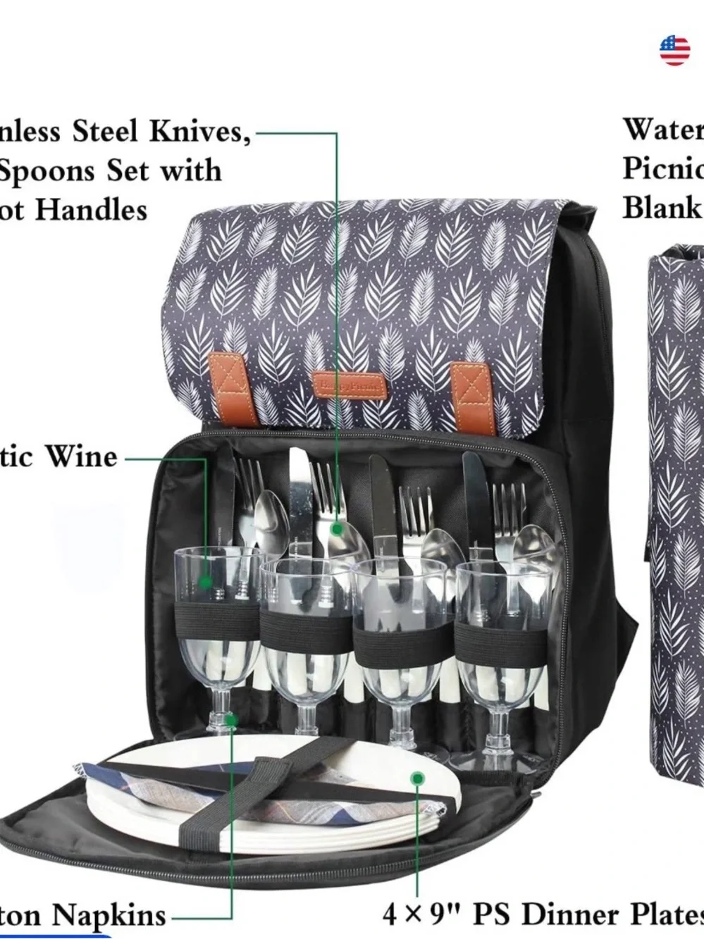 Insulated Black Patterned Picnic Wine Set Backpack with Glasses and Cutlery